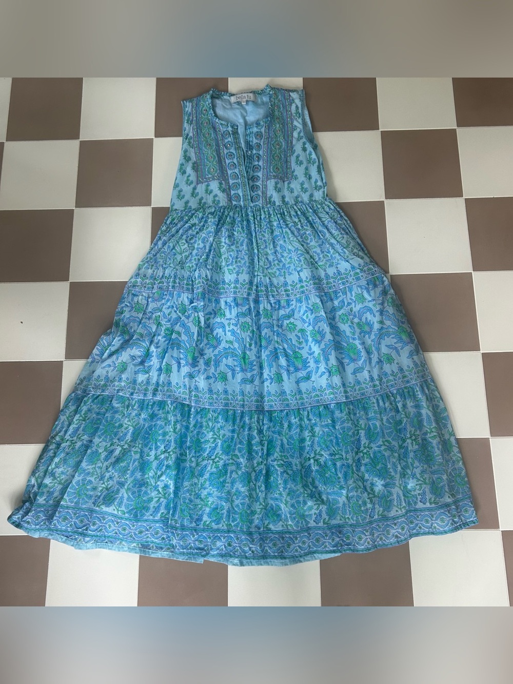 Bella Tu Blue Boho Tiered Midi Dress XS Embroidered Sleeveless